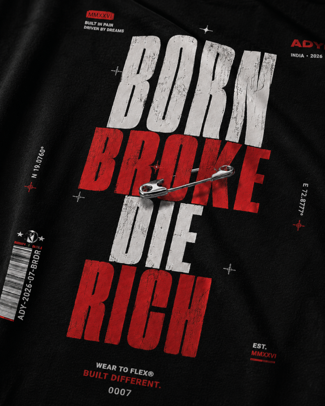 BORN BROKE DIE RICH OVERSIZED TEE - Black