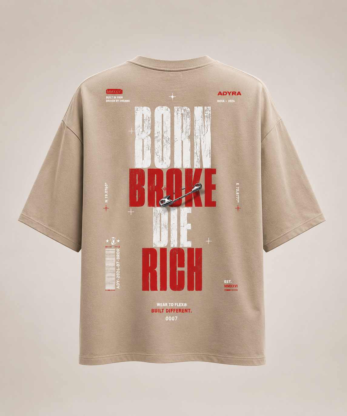 BORN BROKE DIE RICH OVERSIZED TEE - Beige