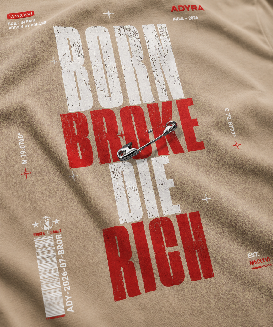 BORN BROKE DIE RICH OVERSIZED TEE - Beige